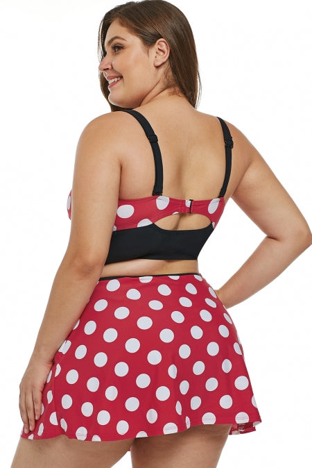 Plus Size Polka Dot White Red Bikini Top with Swim Skirt