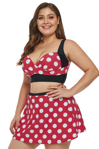 Haut de bikini grande taille à pois blancs et rouges avec jupe de bain