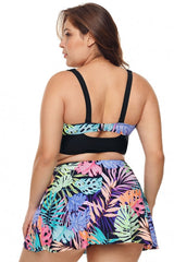 Plus Size Tropical Print Bikini Top with Swim Skirt