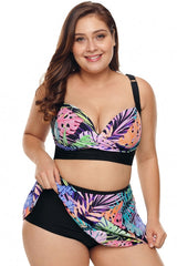 Plus Size Tropical Print Bikini Top with Swim Skirt