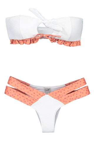 Polka Dot Ruffle Bandeau White Bikini Swimsuit