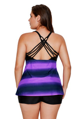 Purple Black Color Block Criss-Cross Straps Plus Size Tankini Set