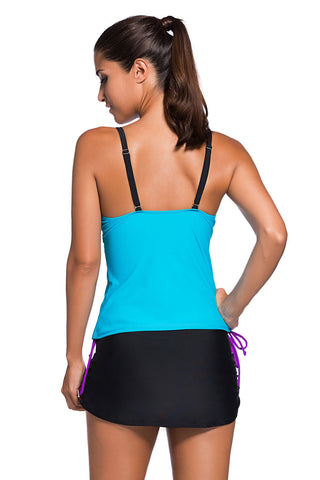 Lila-Blauer Farbblock 2-teiliger Tankini-Skort-Badeanzug