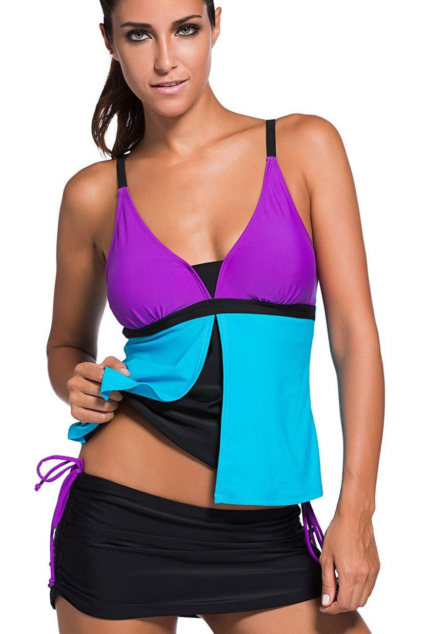 Lila-Blauer Farbblock 2-teiliger Tankini-Skort-Badeanzug