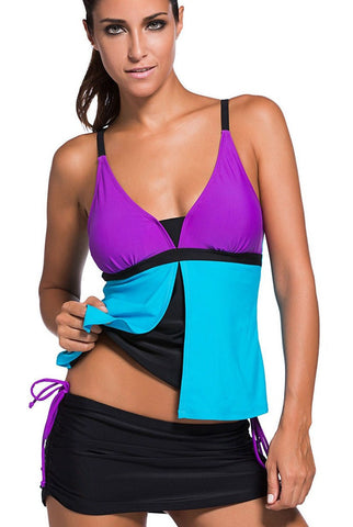 Lila-Blauer Farbblock 2-teiliger Tankini-Skort-Badeanzug