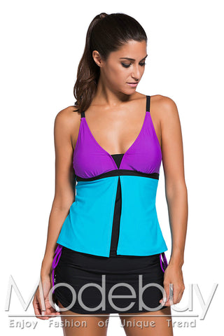 Lila-Blauer Farbblock 2-teiliger Tankini-Skort-Badeanzug