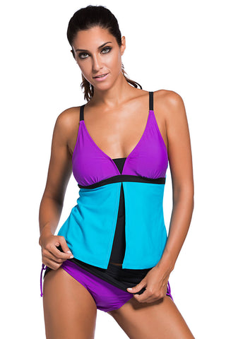 Lila-Blauer Farbblock 2-teiliger Tankini-Skort-Badeanzug