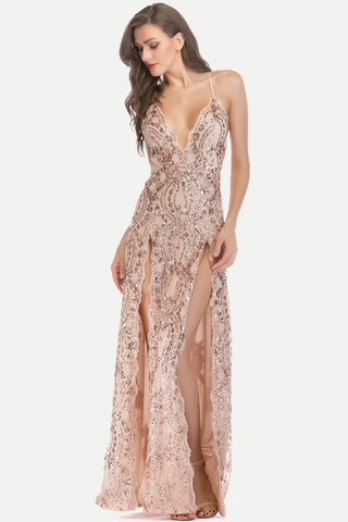 Sequin Slit Glitter Maxi Evening Party Dress