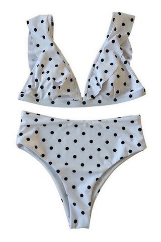 Bikini taille haute à volants et pois