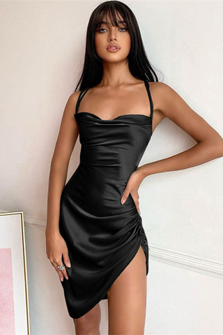 Ruched Backless Satin Mini Dress