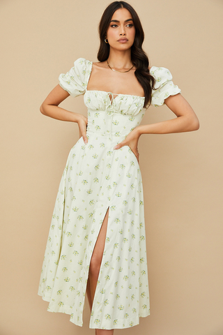 Floral Puff Sleeve Boho Midi Dress