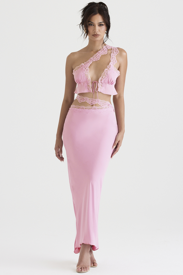 Pink Floaty Cropped Top+Lace Trim Maxi Skirt