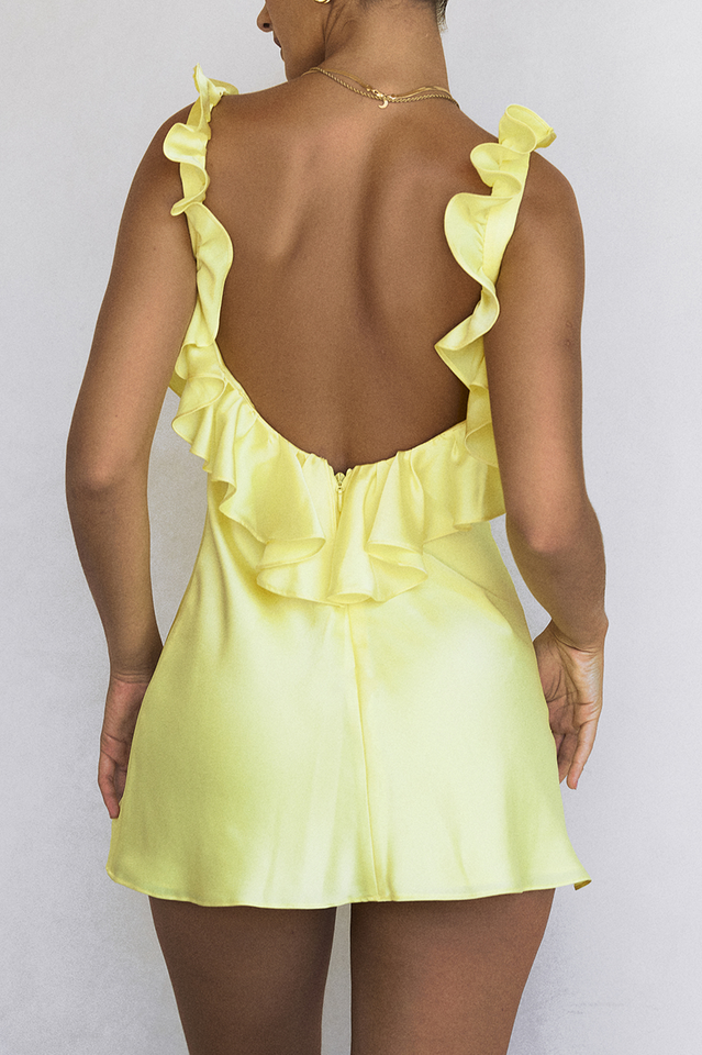 Yellow Ruffles Design Yellow Silk Satin Ruffle Mini Dress β Orro Shop