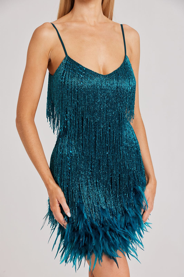 Yvonne Sequin Feather Cocktail Dress