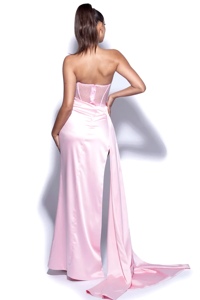 Crystallized Corset High Slit Satin Gown