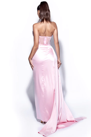 Crystallized Corset High Slit Satin Gown