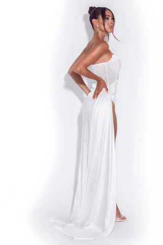 Crystallized Corset High Slit Satin Gown