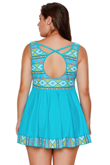 Turquoise Tribal Print Swim Dress With Shorts