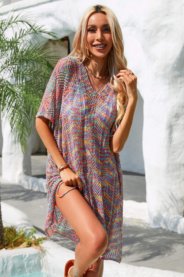 Multicolored Openwork Tassel Slit Cover-Up