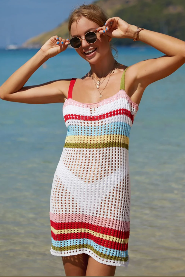 Rainbow Stripe Openwork Sleeveless Cover-Up Dress