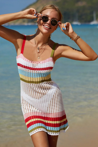 Rainbow Stripe Openwork Sleeveless Cover-Up Dress