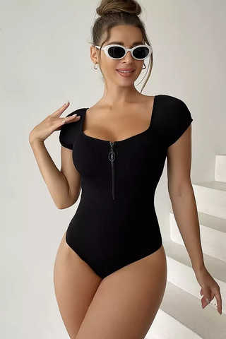 Solid Front Zipper Round Neck Bathing Suit