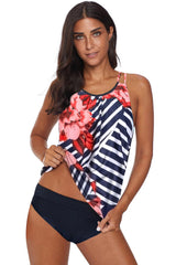 Red Floral Print Blue Striped Criss Cross Tankini Swimwear