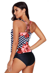 Red Floral Print Blue Striped Criss Cross Tankini Swimwear