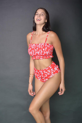 Red Floral Smocked Crop Top and High Waist Swimwear