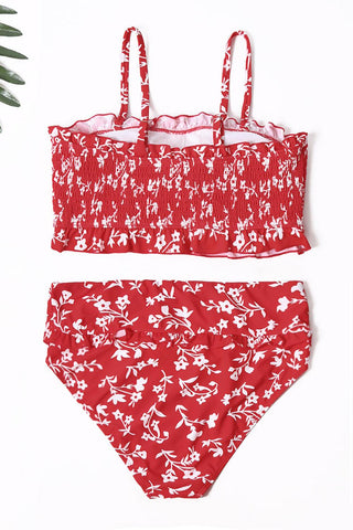 Red Floral Smocked Crop Top and High Waist Swimwear