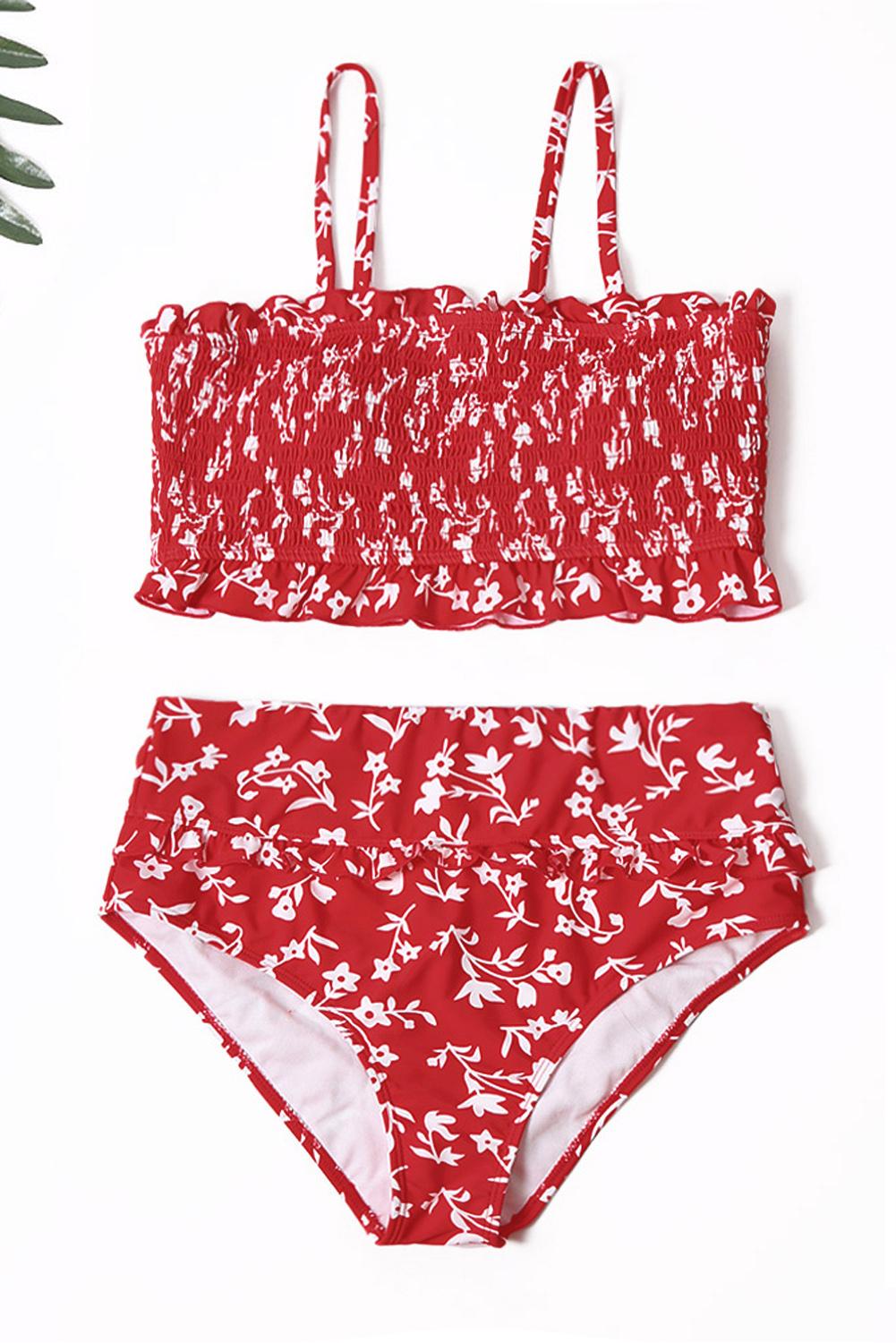 Red Floral Smocked Crop Top and High Waist Swimwear