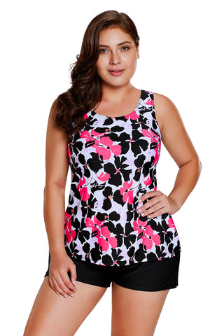 Red Black Floral Print Tankini and Short Swimsuit