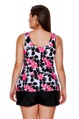 Red Black Floral Print Tankini and Short Swimsuit
