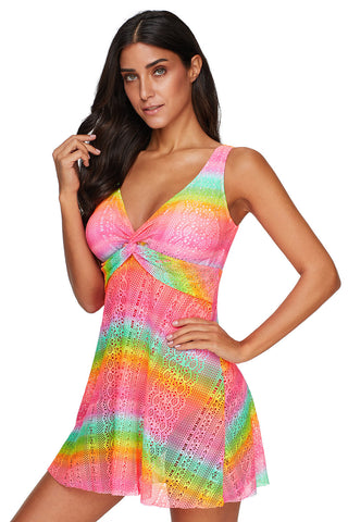 Rose Print Mesh Twist Tankini Swimwear