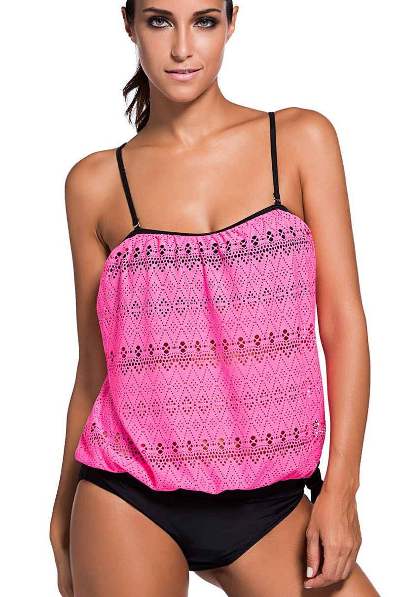 Rosy Lace Bandeau-Tankini-Badeanzug mit Spaghettiträgern und Übergröße