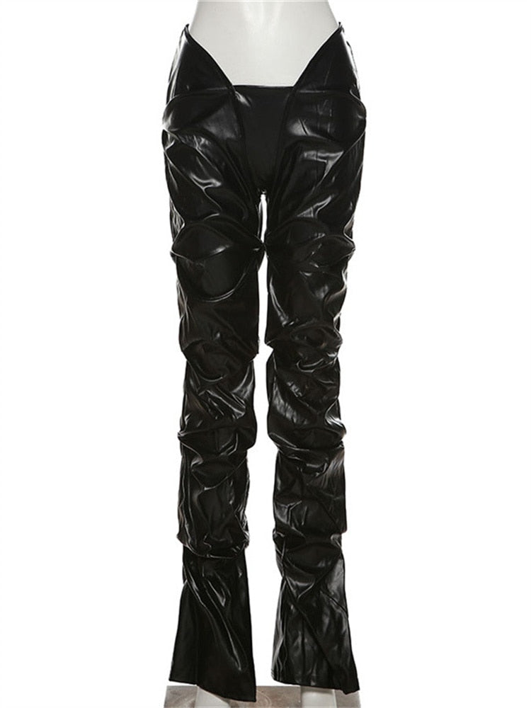 Gianny Shiny Faux Leather Pleated Pants