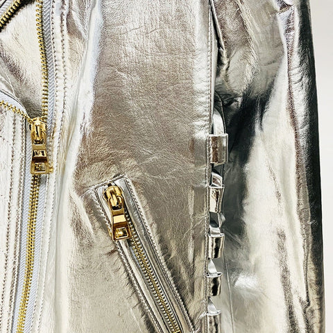 Ansley Silver Leather Jacket with Gold Zippers