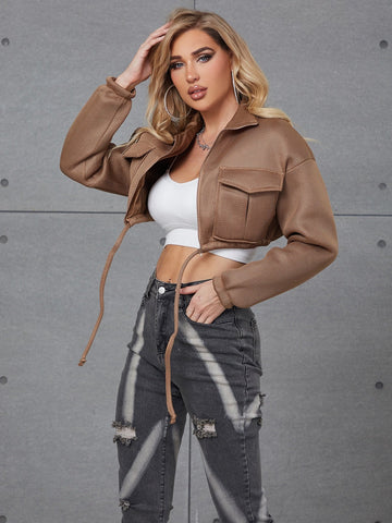 Natalie Mesh Zipper Crop Jacket with Drawstrings