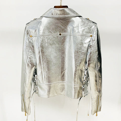 Ansley Silver Leather Jacket with Gold Zippers