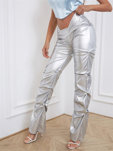 Gianny Shiny Faux Leather Pleated Pants