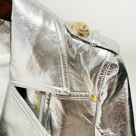 Ansley Silver Leather Jacket with Gold Zippers