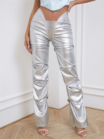 Gianny Shiny Faux Leather Pleated Pants