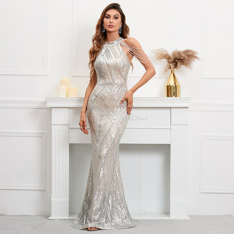 Statement Maker Halter Sequin Gown Dress