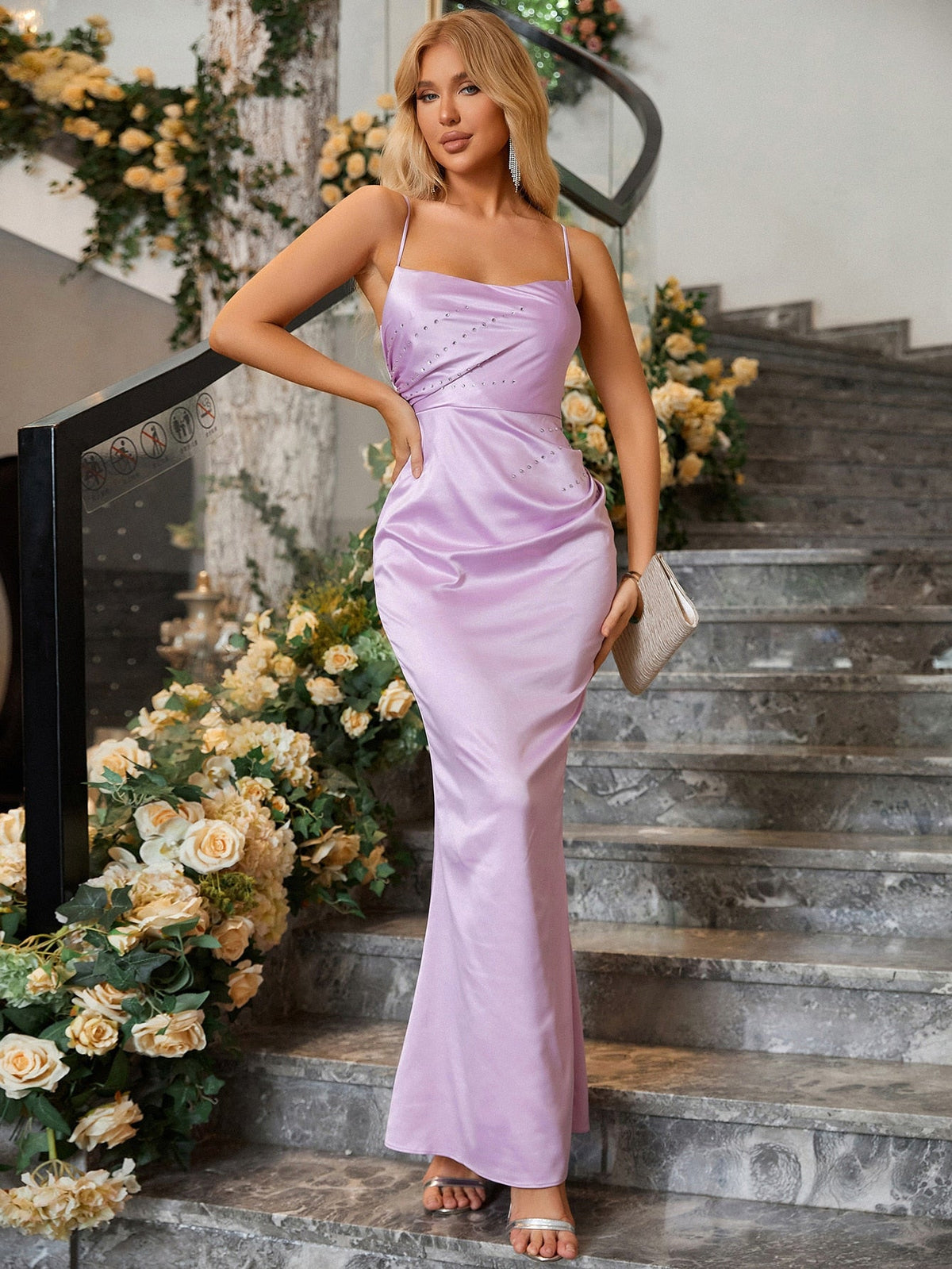 Joelle Satin Ruched Dress with Rhinestones