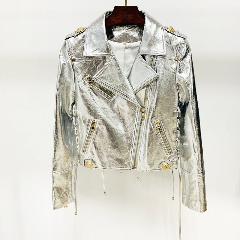 Ansley Silver Leather Jacket with Gold Zippers