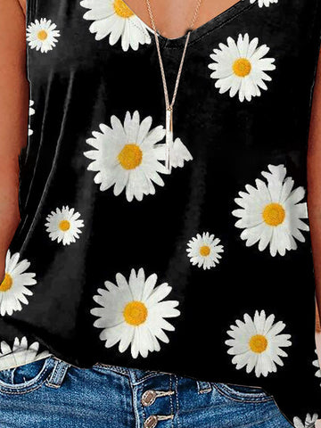 V-Neck Strap With Small Daisy Print Tank Tops