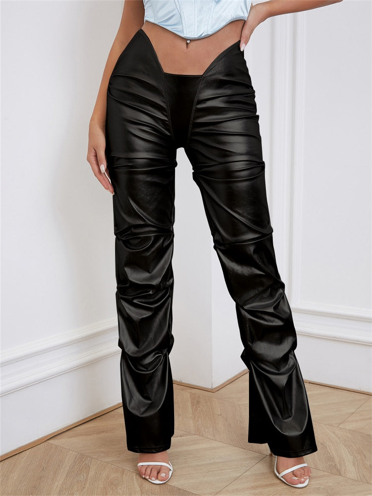 Gianny Shiny Faux Leather Pleated Pants