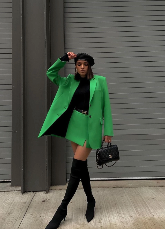 Kira Green Oversized Long Blazer and Mini Skirt Set