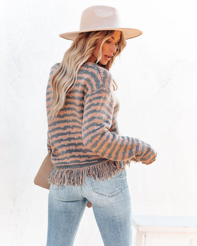 Simple Times Fringe Knit Sweater - Grey Peach