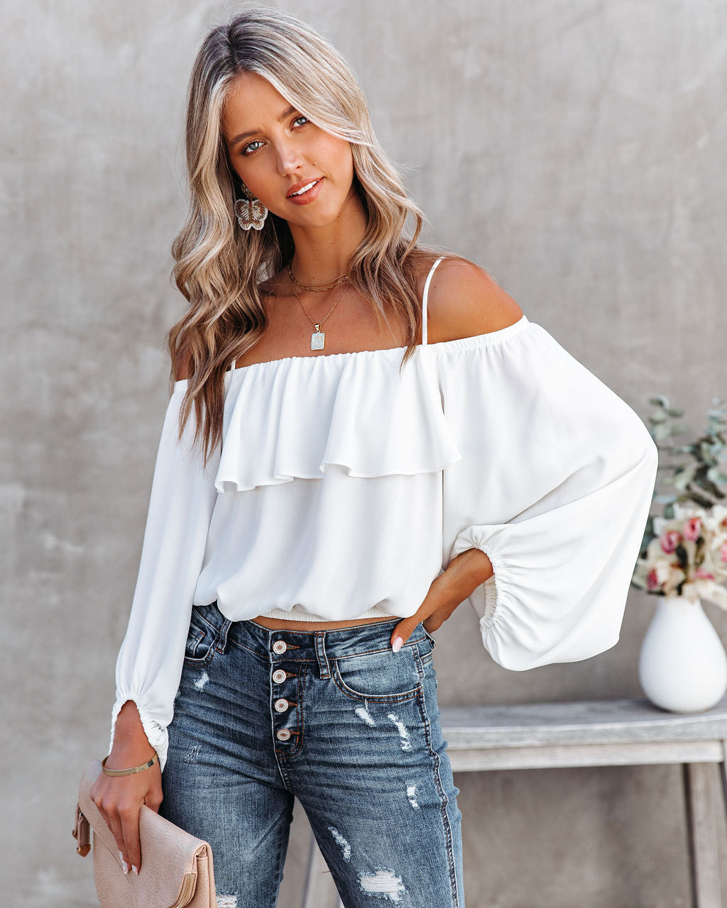 Sincere Balloon Sleeve Cold Shoulder Blouse - White
